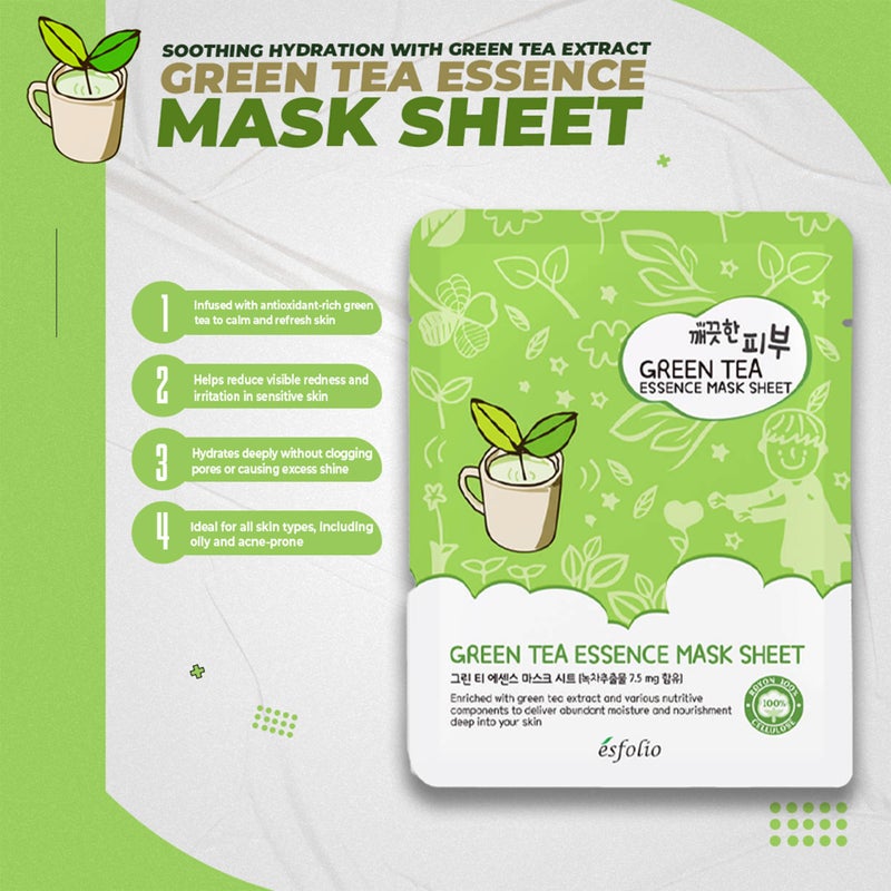 Esfolio Green Tea Essence Face Mask â€“ Hydrating, Soothing, Antioxidant-Rich Sheet Mask for All Skin Types â€“ Moisturizing, Revitalizing Face Treatment for Sensitive, and Blemish-Prone Skin (Pack of 10) - Image 3